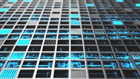 Animated futuristic technological or industrial background made from metal grates with blue glowing elements. Abstract background. 3D rendering animation - Powered by Shutterstock - Get 15% off with code: PIKWIZARD15