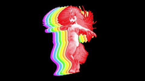 Seamless funny animation of a crazy unicorn dancing with rainbow shadow isolated with alpha channel.