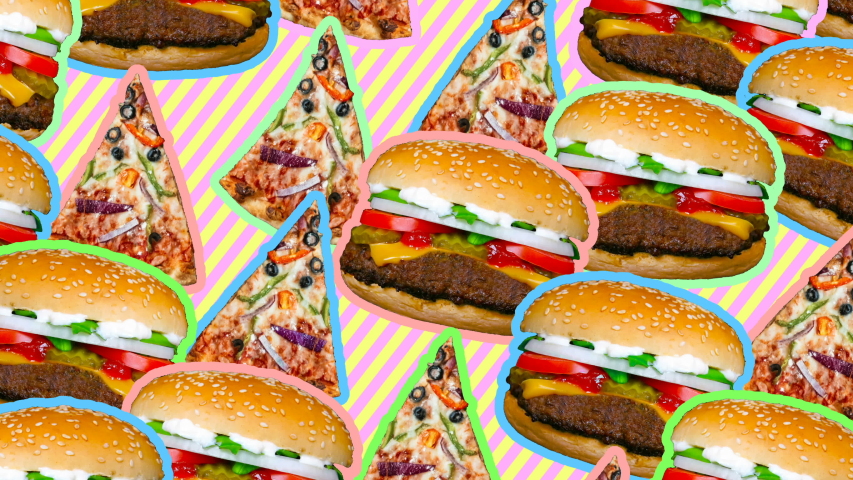 Seamless young animation of slices of pizza and hamburgers. Stop motion minimal comic teenager style background. Fast food pop art concept. Contemporary art collage. Royalty-Free Stock Footage #1031294897