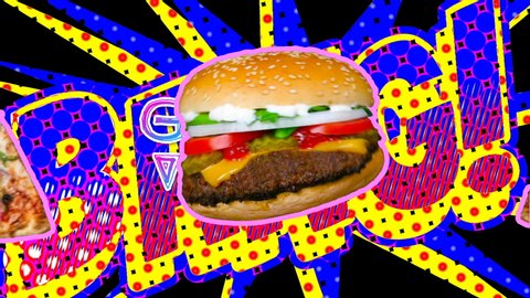 Seamless young animation of slices of pizza and hamburgers. Stop motion minimal comic teenager style background. Fast food pop art concept. Contemporary art collage.