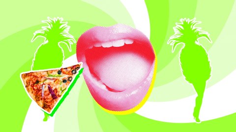 Seamless young animation of slices of pizza,hamburgers and mouths. Stop motion minimal comic teenager style background. Fast food pop art concept. Contemporary art collage.