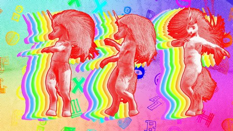 Seamless funny animation of a crazy unicorns dancing with rainbow and colorful background.