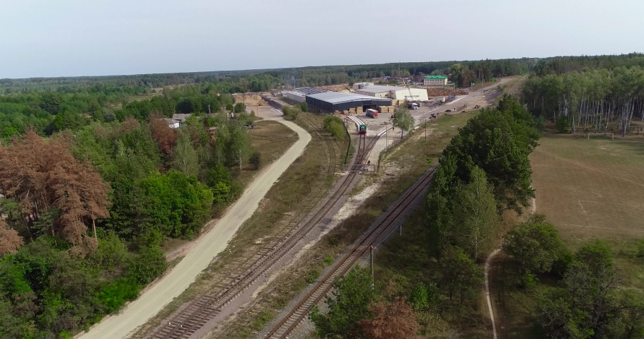 Modern factory aerial view, modern woodworking plant aerial view