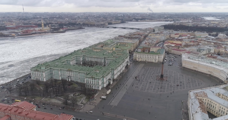 View of Palace square on a cloudy winter day in St. Petersburg. Russia. Drone footage.