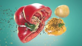 This stock motion graphics video features half a red pepper, a potato, peppercorns, and grains dancing against a fresh blue background.

