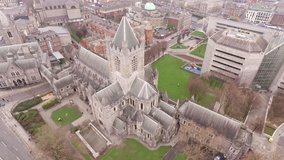 Drone aerial view of Christ Church Cathedral in Dublin city, Ireland.