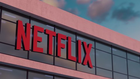 NETFLIX, USA - JUNE 2019: 3D CGI Hyperlapse Animation of Netflix Corporate Building During Golden Hour