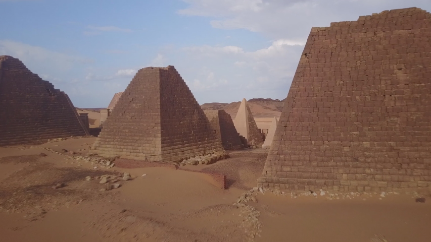 Meroe pyramids in the sahara desert Sudan (aerial view) Royalty-Free Stock Footage #1031318714