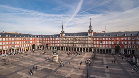 Madrid Spain time lapse 4K, aerial view city skyline timelapse at Plaza Mayor