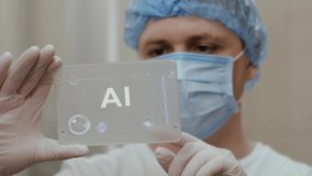 Doctor in mask interacts futuristic hud screen tablet with text AI. Medical concept of future technology. Futuristic doctor with modern medical care gadget - Powered by Shutterstock - Get 15% off with code: PIKWIZARD15