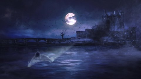 Dark Lake Castle with Bats and Ghosts 4K Loop features an old castle by an eerie lake and full moon with rolling fog and bats and ghosts flying across the scene in a loop