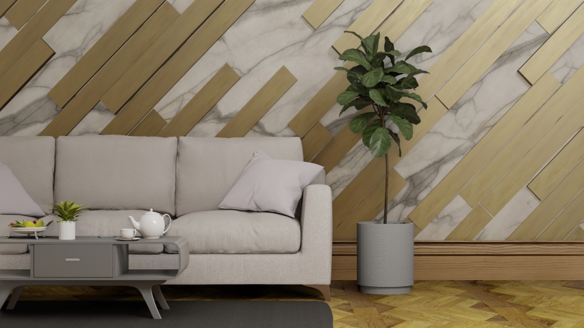 3d rendering living room. sofa on living space and carpet dolly left.