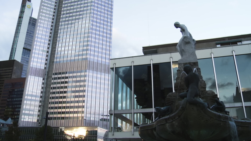 Fairy tale fountain in downtown Frankfurt, Germany. Side view. Lockdown shot.