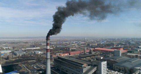 Power Plant Smokestacks Releasing Black Smoke Environmental pollution 4K aerial