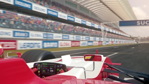 POV shot of a generic formula one  race car driving along the homestretch over the finish line - over shoulder - realistic high quality 3d animation