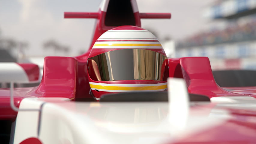 Close-up of a formula one race car driver driving along the homestretch over the finish line - realistic high quality 3d animation 