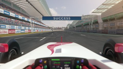 POV shot of a generic formula one race car driving along the homestretch over the finish line - center view - realistic high quality 3d animation 
