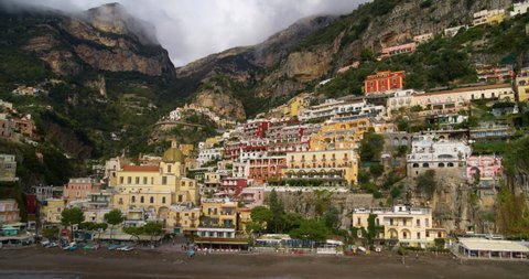 Multicoloured Cliffside Houses On Mountainside; Positano Amalfi Coast Italy