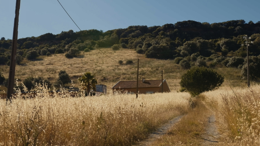 Cinematic shot of country road leading to an abandoned house