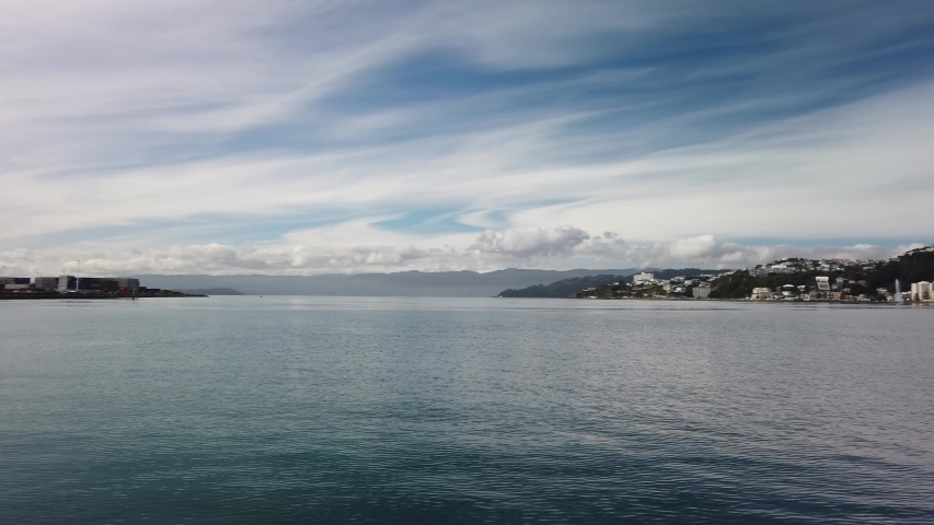 Wellington harbor pan right reveal of Oriental Bay and Mount Victoria with no people and copy space 4k