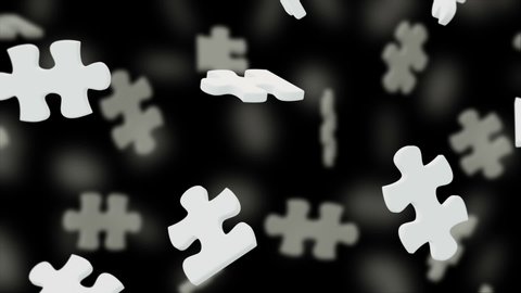 Puzzle pieces are flying around on black background.
Loop ready animation.