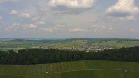 Aerial of vineyards around Heilbronn in Germany, with pan along the hill top of Wartenberg