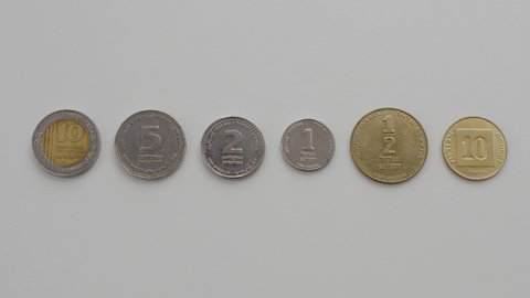 All Israeli coins (NIS or Shekels) in a row from small (right) to big