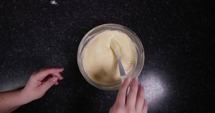 Reverse Clip Of Lady Mixing Cream With Silicone Spatula To Make Delicious Portuguese Dessert 4K 30FPS - Dessert, Crème, Cream, Flour, Sugar