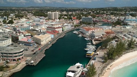 Aerial drone shot of a popular landmark in Bridgetown, Barbados. Camera push in or track in