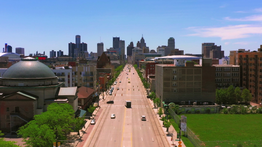 Woodward ave in Detroit Michigan aerial view