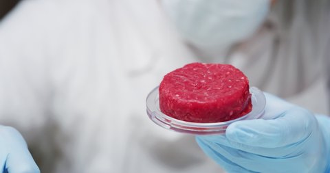 Slow motion close up of a scientist is inspecting and analyzing with tweezers the cultured artificial meat sample in laboratory.