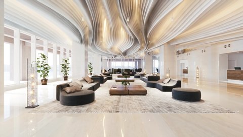 Luxurious hotel lobby with large sofas. Realistic visualisation.
