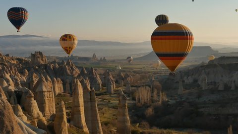 Aerial shot of hot air balloons soaring in the sky. Sunny morning in Cappadocia, Turkey. Famous air tourist attraction.