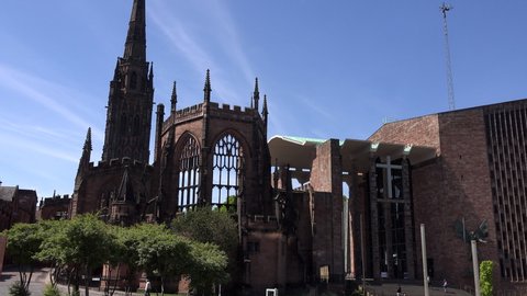 Coventry,  West Midlands / England - June 03 2019:The current Coventry Cathedral was built after the majority of the 14th century cathedral church of Saint Michael was destroyed in WW2 UK 4K.