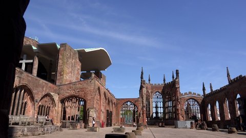 Coventry,  West Midlands / England - June 03 2019:The current Coventry Cathedral was built after the majority of the 14th century cathedral church of Saint Michael was destroyed in WW2 UK 4K.