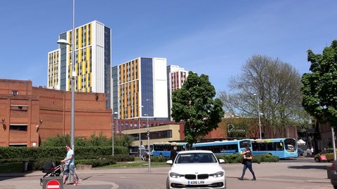 Coventry, West Midlands / England - June 03 2019: The city has two universities, Coventry University in the city centre and the Warwick on the southern outskirts. Modern architecture UK 4K.