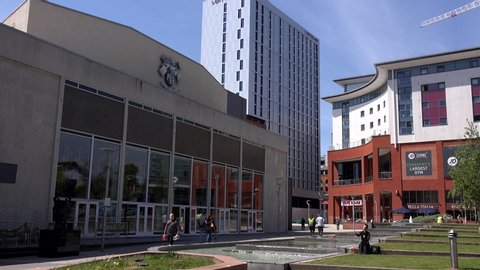 Coventry, West Midlands / England - June 03 2019: The city has two universities, Coventry University in the city centre and the Warwick on the southern outskirts. Modern architecture UK 4K.
