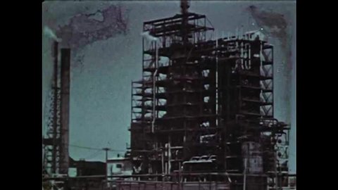 CIRCA 1940s - The basic workings of a crude oil refinery from this 1948 educational film.