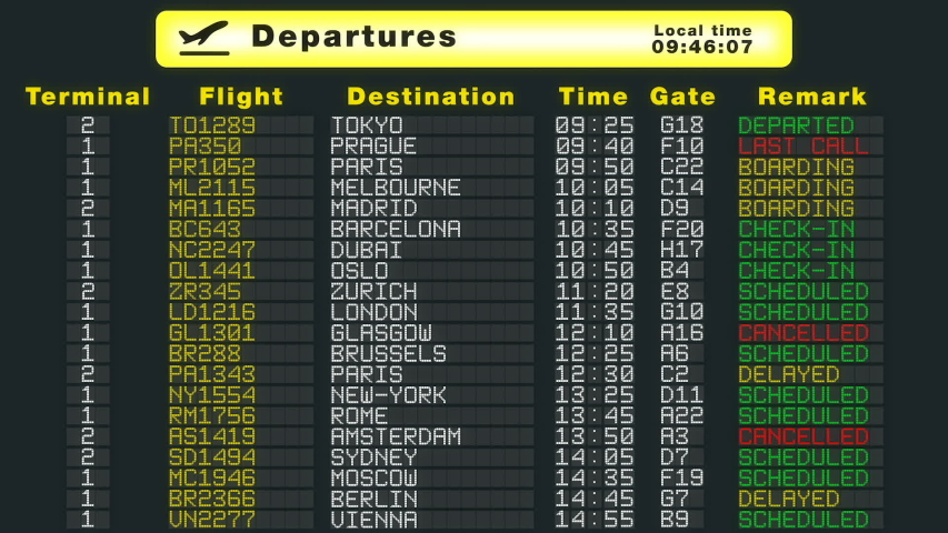 International airport table departures schedule flights refresh flat update Royalty-Free Stock Footage #1031472830