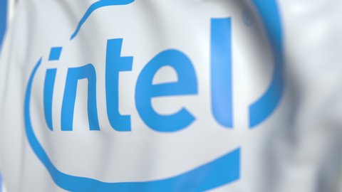 Waving flag with Intel Corporation logo, close-up. Editorial loopable 3D animation