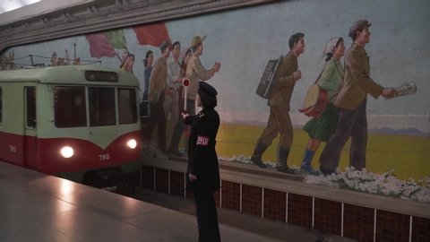 Pyongyang, North Korea - 01/09/2019: Multiple shots of underground subway in capital Pyongyang. 