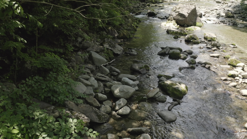 Aerial view of a clean and refreshing river in a forest, Tochigi Prefecture, Japan. Moving backward motion.