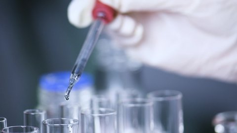 scientist  hand holding a medical dropper filled with red solution dripping  chemical liquid sample to flask test tube in the genetic laboratory. Science laboratory test tubes , laboratory equipment 