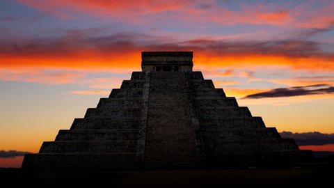Kukulcan Temple El Castillo, at Twilight, Maya pyramid in Chichen Itza, Yucatan, Mexico