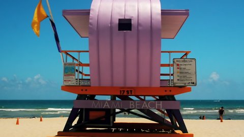MIAMI BEACH, FLORIDA, USA, May 04 2019: A view to the pink coloured bay watch house located at South Beach in Miami Beach, Florida, USA.