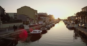 Sunrise at the Canal of Palavas Les Flots, nice sunrise of a seaside town, télésiège de Palavas les Flots