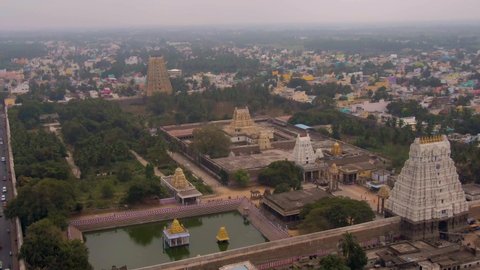Kanchipuram, India, "Varadharaja" Tamil temple, 4k aerial drone footage
