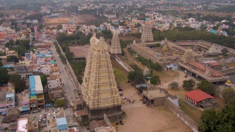 Kanchipuram, India, "Varadharaja" Tamil temple, 4k aerial drone footage 