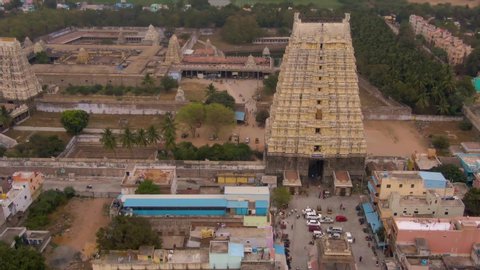 Kanchipuram, India, "Varadharaja" Tamil temple, 4k aerial drone footage 