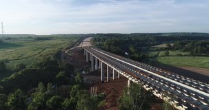 Aerial video of the Central Ring Road, Construction of the New Bridge over Mocha river, Moscow region, Podolsk region, Russia